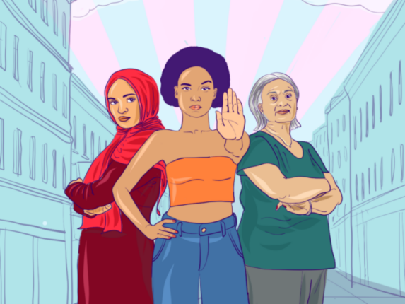 Drei Frauen unterschiedlichen Alters als Illustration zu "Frauen des Jahres": Die Frau in der Mitte hat den Arm ausgestreckt und zeigt mit ihrer Hand: Stopp!