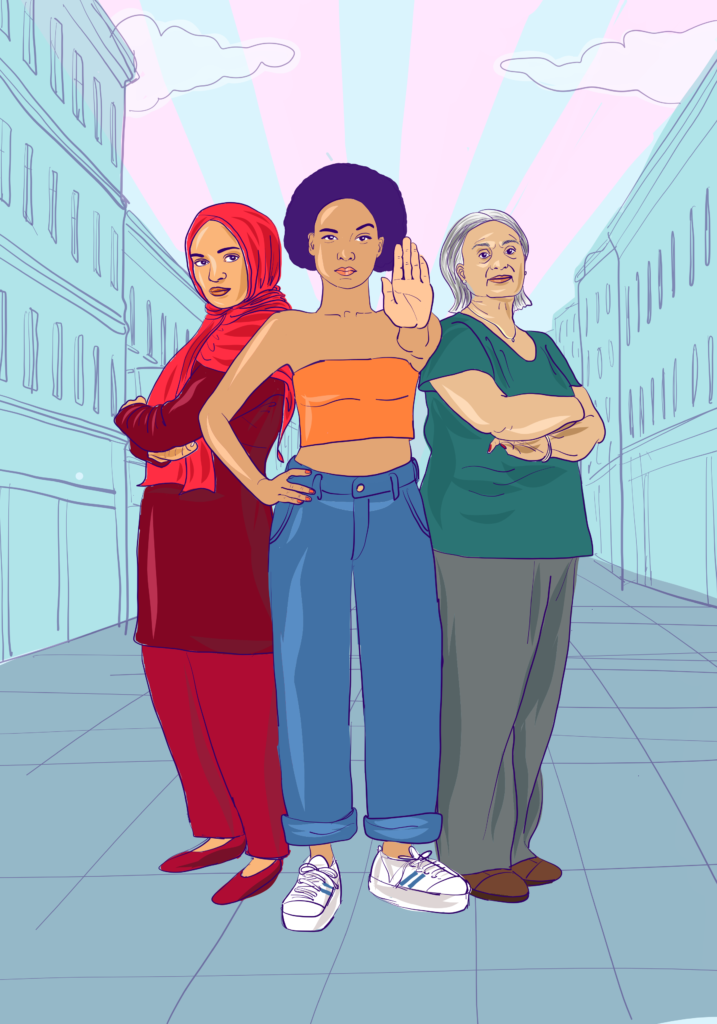 Drei Frauen unterschiedlichen Alters als Illustration zu "Frauen des Jahres": Die Frau in der Mitte hat den Arm ausgestreckt und zeigt mit ihrer Hand: Stopp!