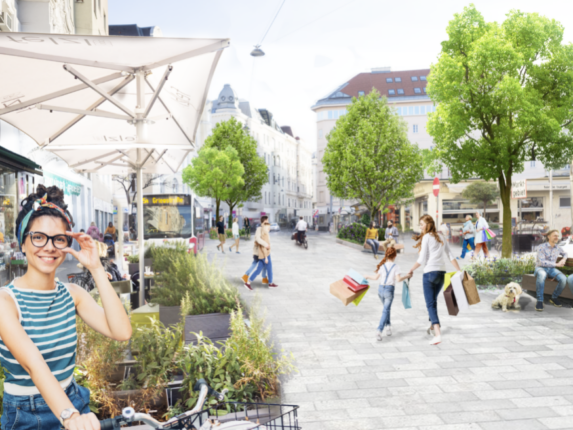 Rendering der Leopoldsgasse beim Karmelitermarkt - Begegnungszone und mehr Grün