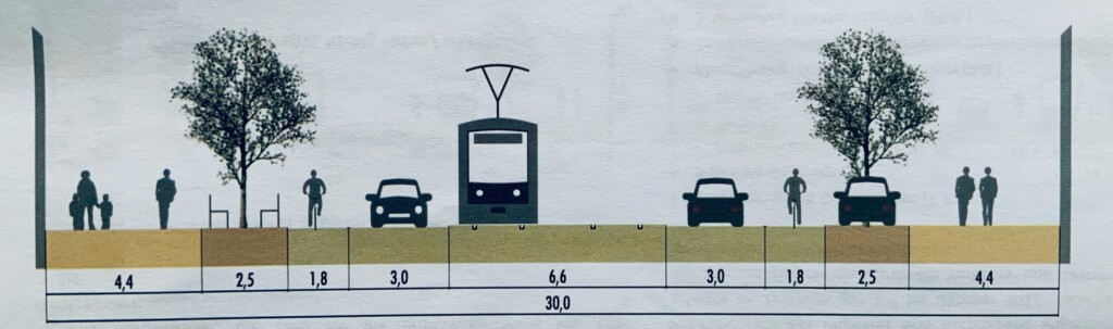 Aufriss der Straße - wer bekommt wie viel Platz - hier z. B. weniger Raum für Bäume